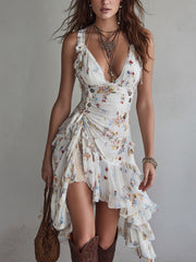 Retro Floral V-Neck Spaghetti Strap Mini Dress
