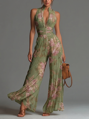Green Floral V-neck Sleeveless Zip-up Pleated Wide-leg Chiffon Jumpsuit