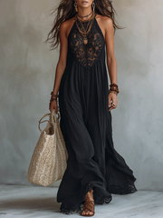 Bohemian Black Sleeveless Lace-Trimmed Maxi Dress