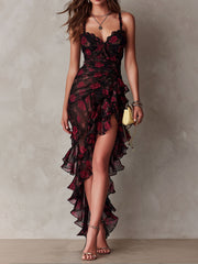 Chic Black And Red Floral Ruched Ruffle Hem Dress