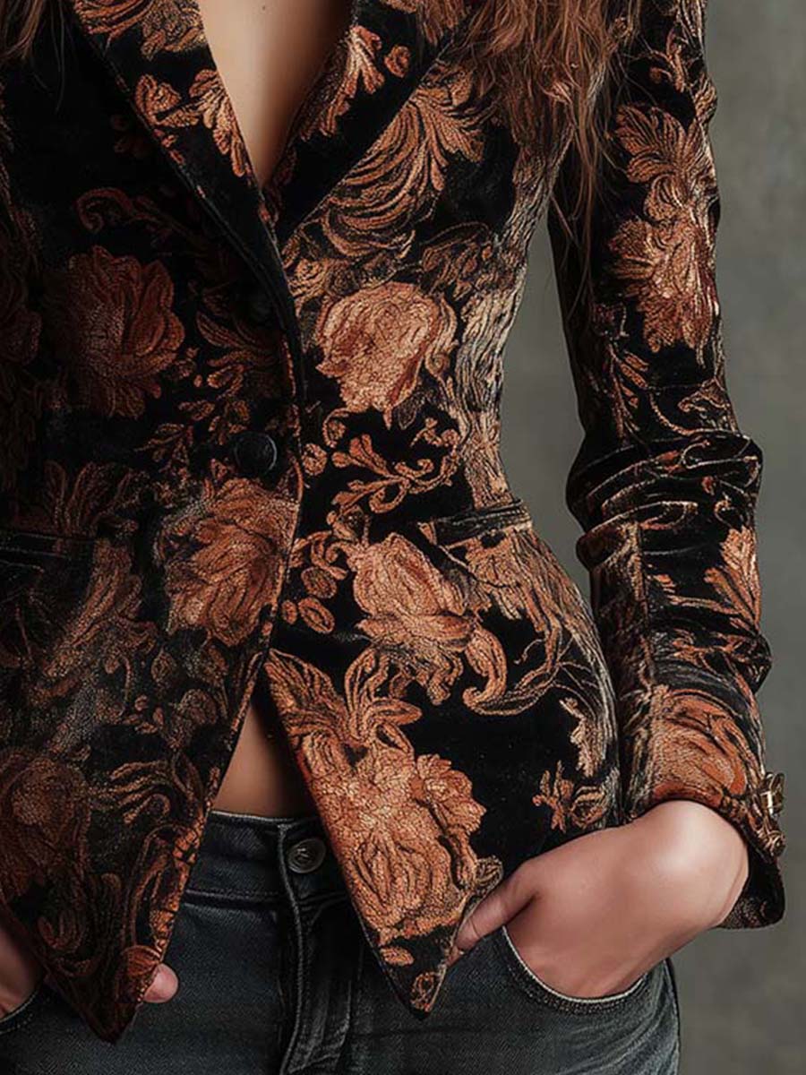Black & Bronze Floral Print Tailored Blazer