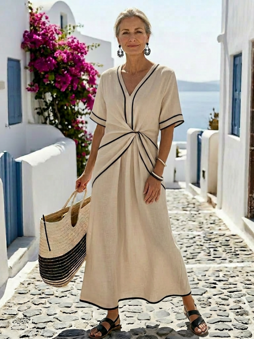Linnea | V-Neck Short Sleeve Maxi Dress with Gathered Waist