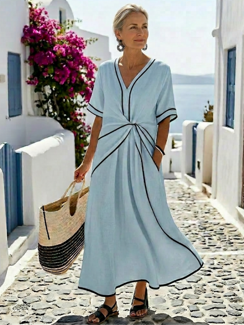 Linnea | V-Neck Short Sleeve Maxi Dress with Gathered Waist