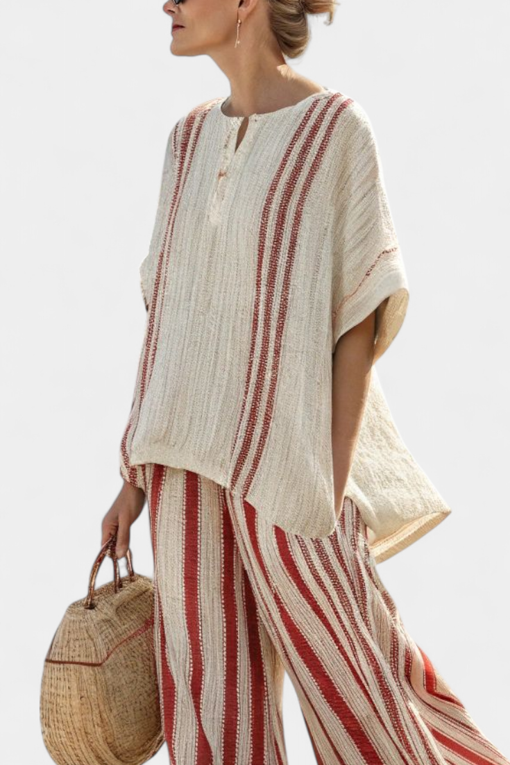 Noor – Sophisticated Red Striped Top & Trousers