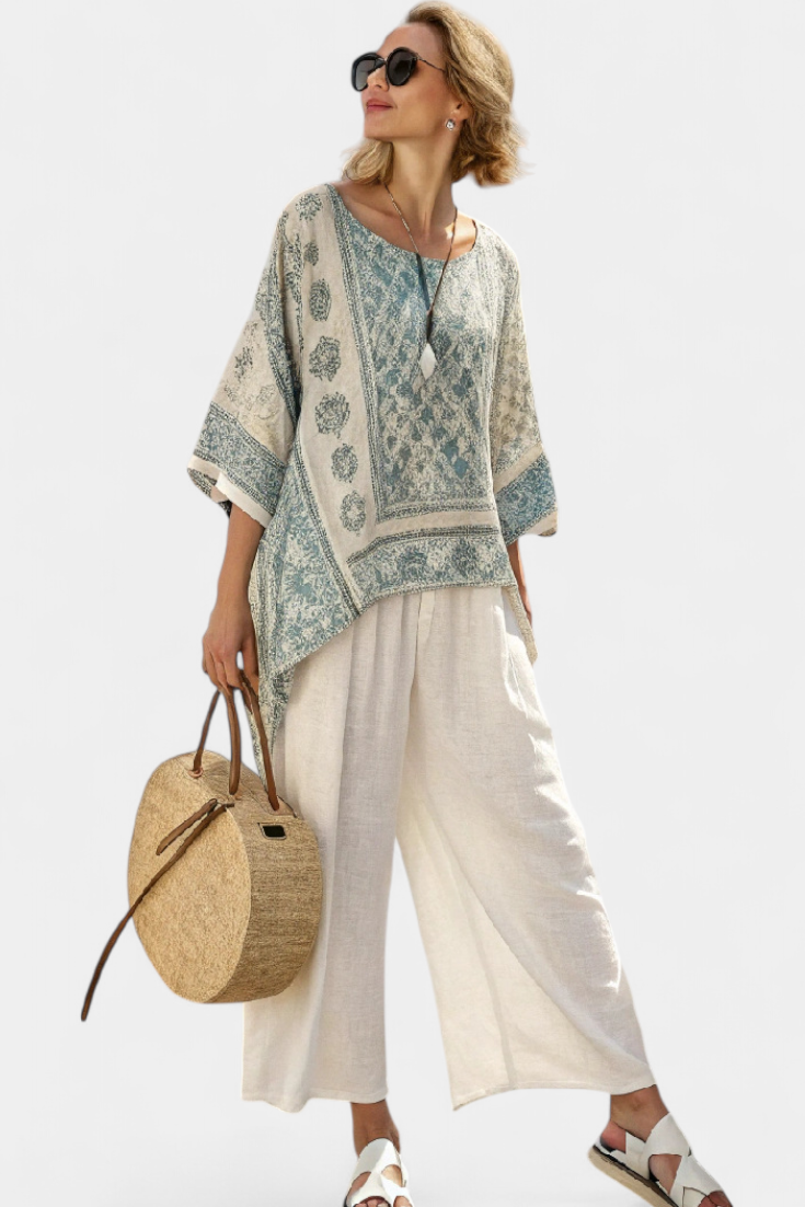 Fleur – Comfortable Printed Blouse & Wide White Trousers