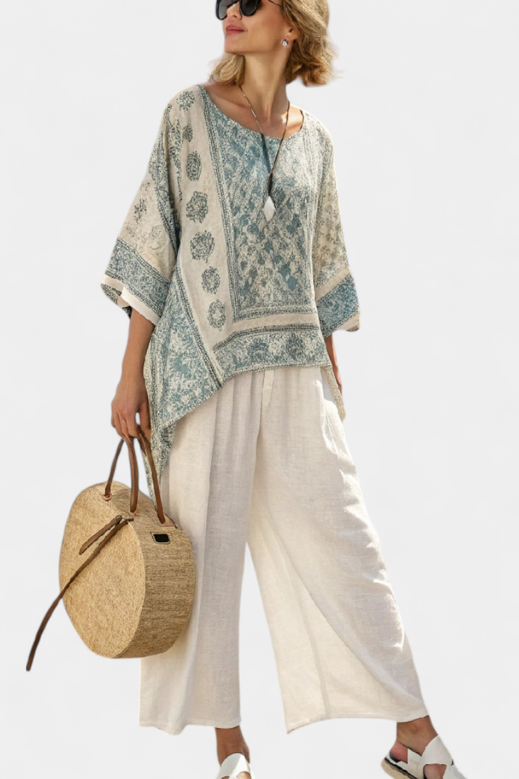 Fleur – Comfortable Printed Blouse & Wide White Trousers