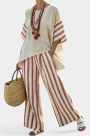 Fenna | Elegant Rustic Striped Top & Cream Trousers