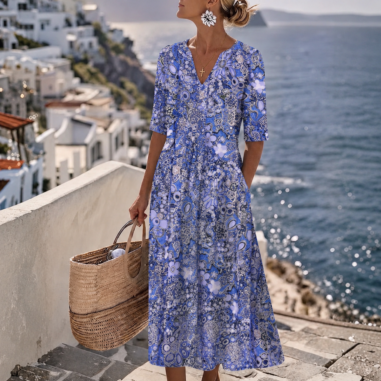 Janice™ | Elegant Summer Midi Dress with Belly Cover