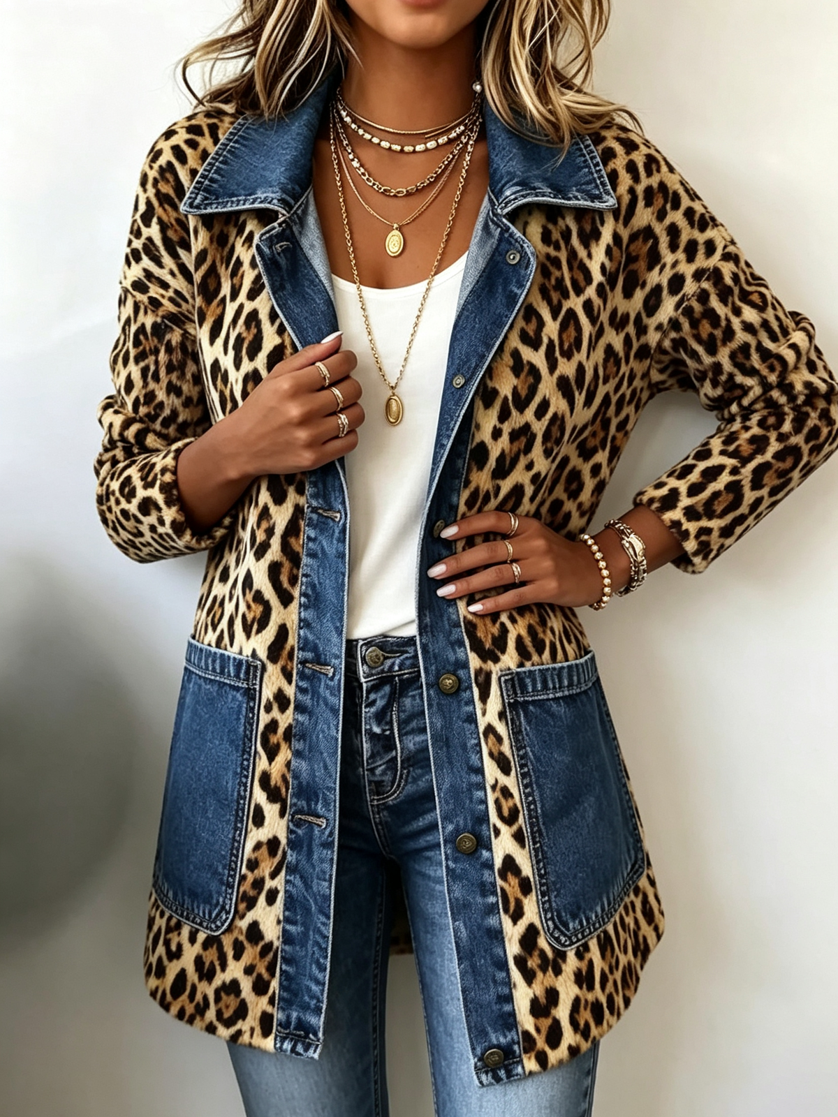 Fablenne - Leopard Print Denim Panel Contrast Longline Jacket