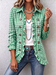 Charlene - Gingham Ruffled Button-Down Jacket