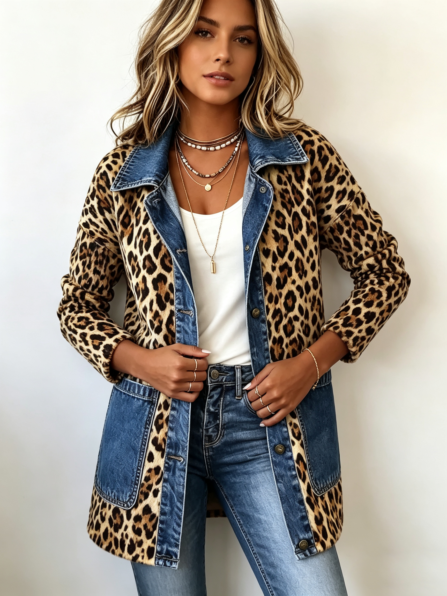 Fablenne - Leopard Print Denim Panel Contrast Longline Jacket