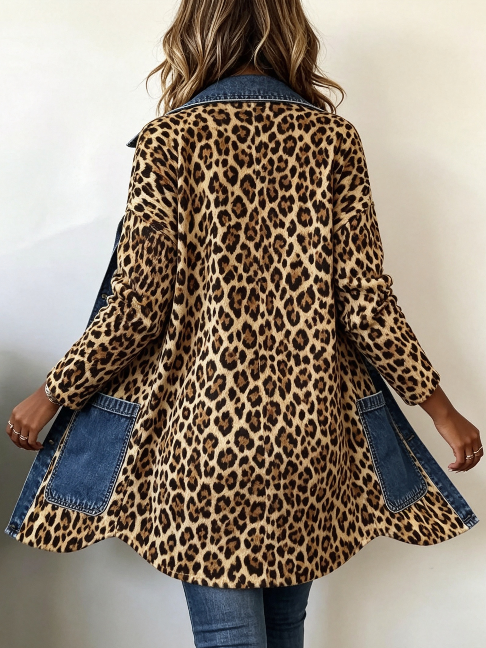 Fablenne - Leopard Print Denim Panel Contrast Longline Jacket