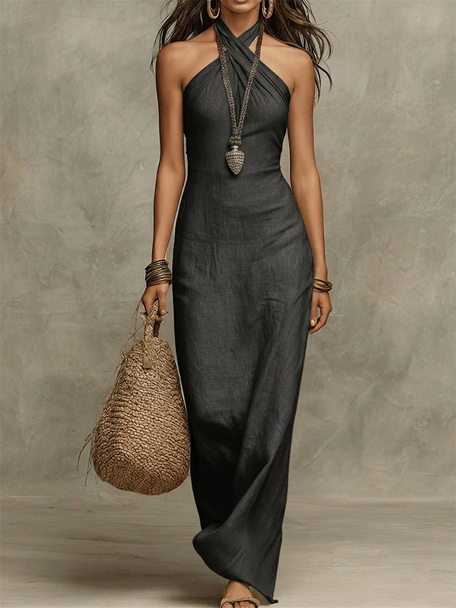 Avelina – Voluminous Cotton Blend Maxi Dress with Halterneck
