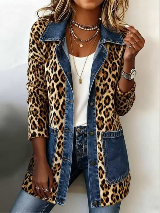 Fablenne - Leopard Print Denim Panel Contrast Longline Jacket